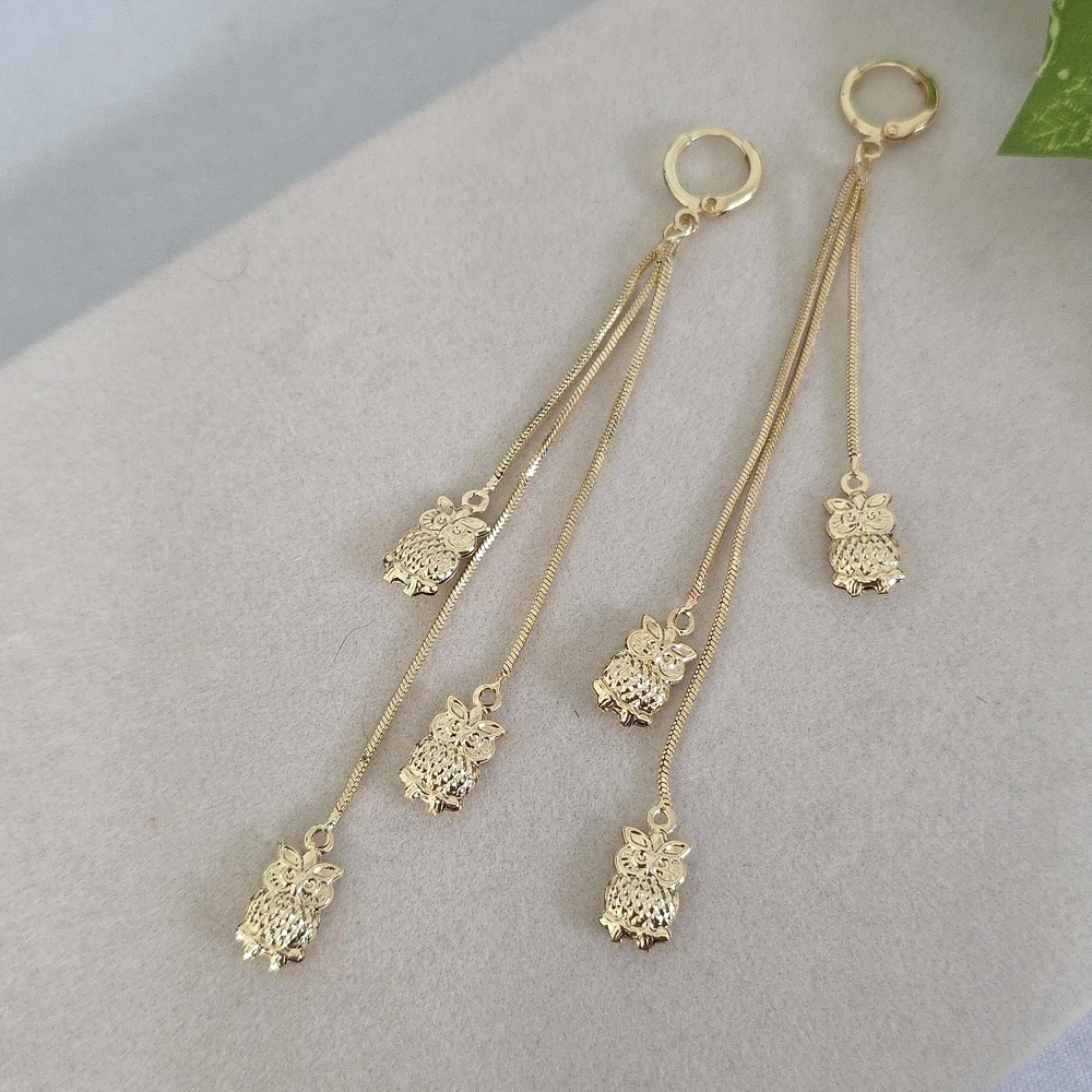 Gold Filled Huggie Hoop Earrings Dangle Owl Charms